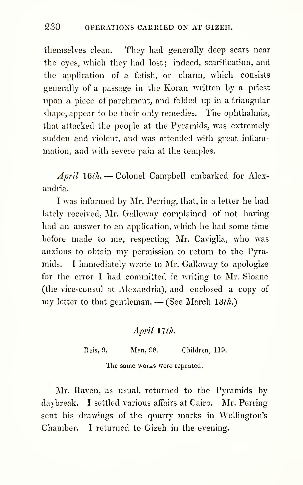 Page from Vyse's printed 1840 diary, 17 April 1837 entry