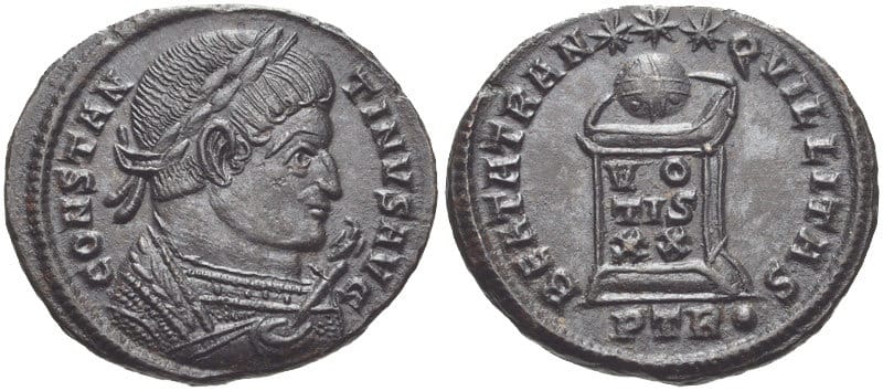 A Roman bronze coin showing the portrait of Emperor Constantine I