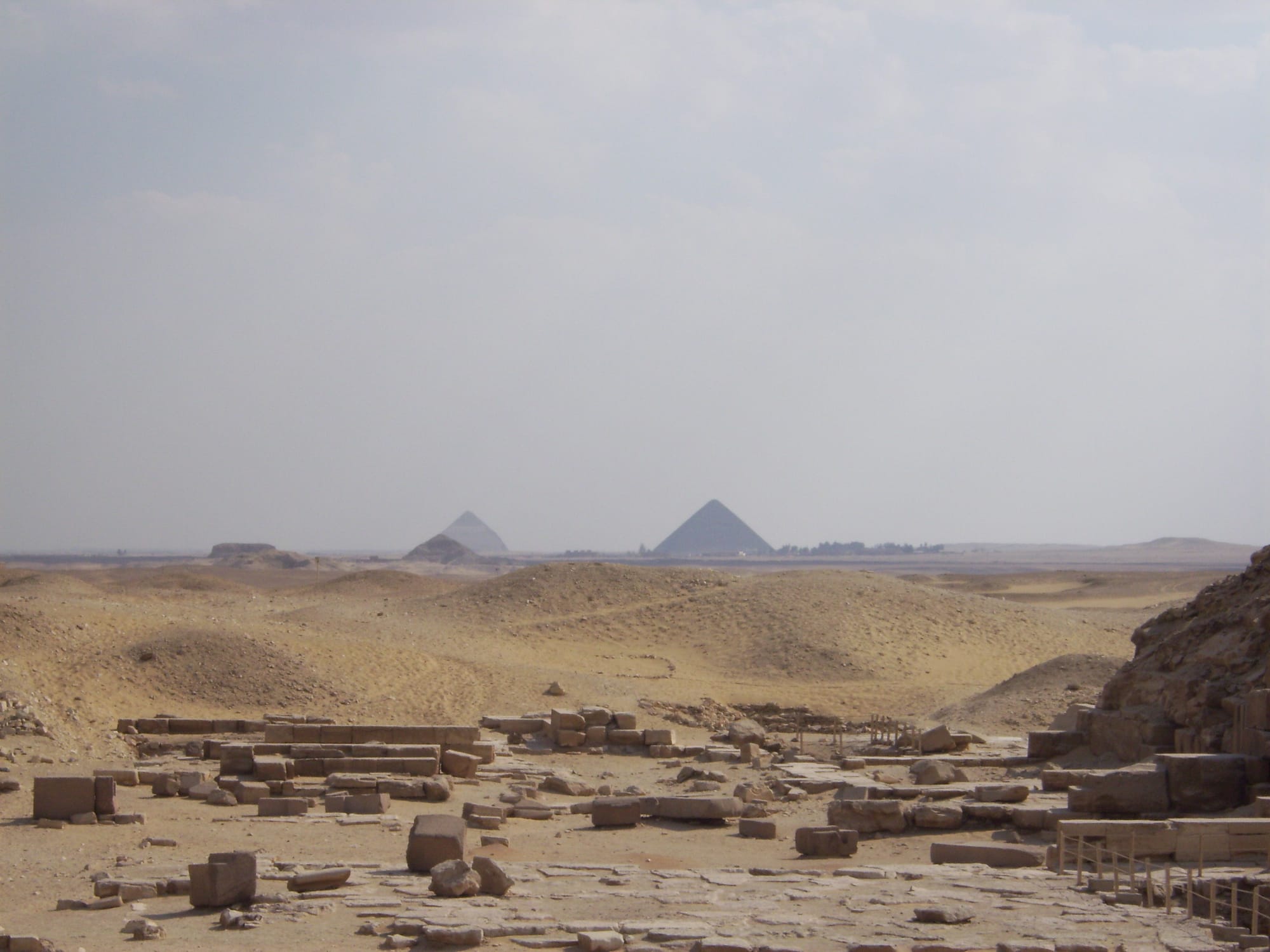 The Dahshur pyramid complex seen across the desert plateau